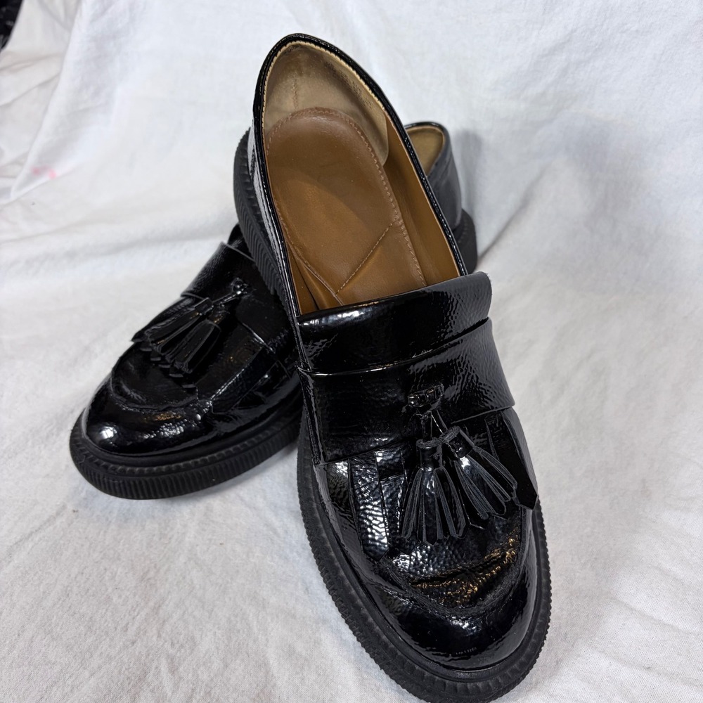 Franco Sarto Black Patent Tassel Loafers with Tan Insole